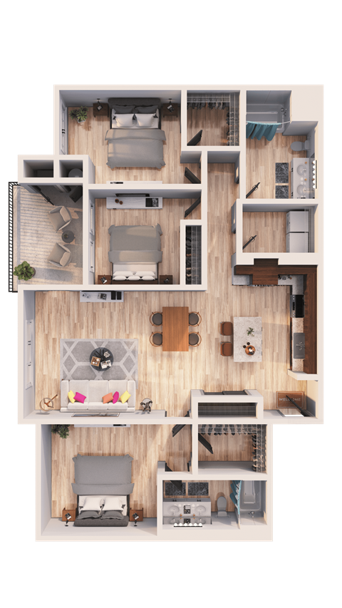 Floor plan for 3 beds, 2 baths, 1293 sqft